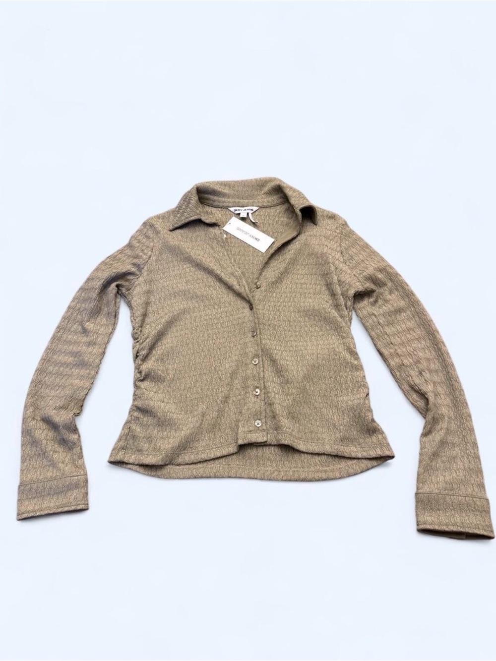 DKNY Taupe Button-Front Ribbed Knit Top